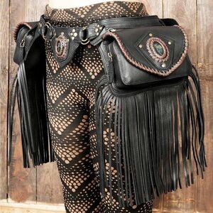 Fringed Black Leather Belt Bag